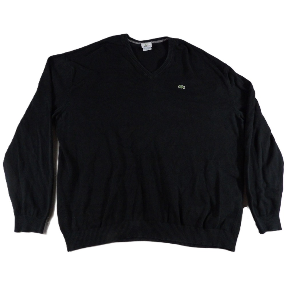 Lacoste Sweater Men 9 XL Black V-Neck Cotton Knit Pullover Crocodile Classic EUC